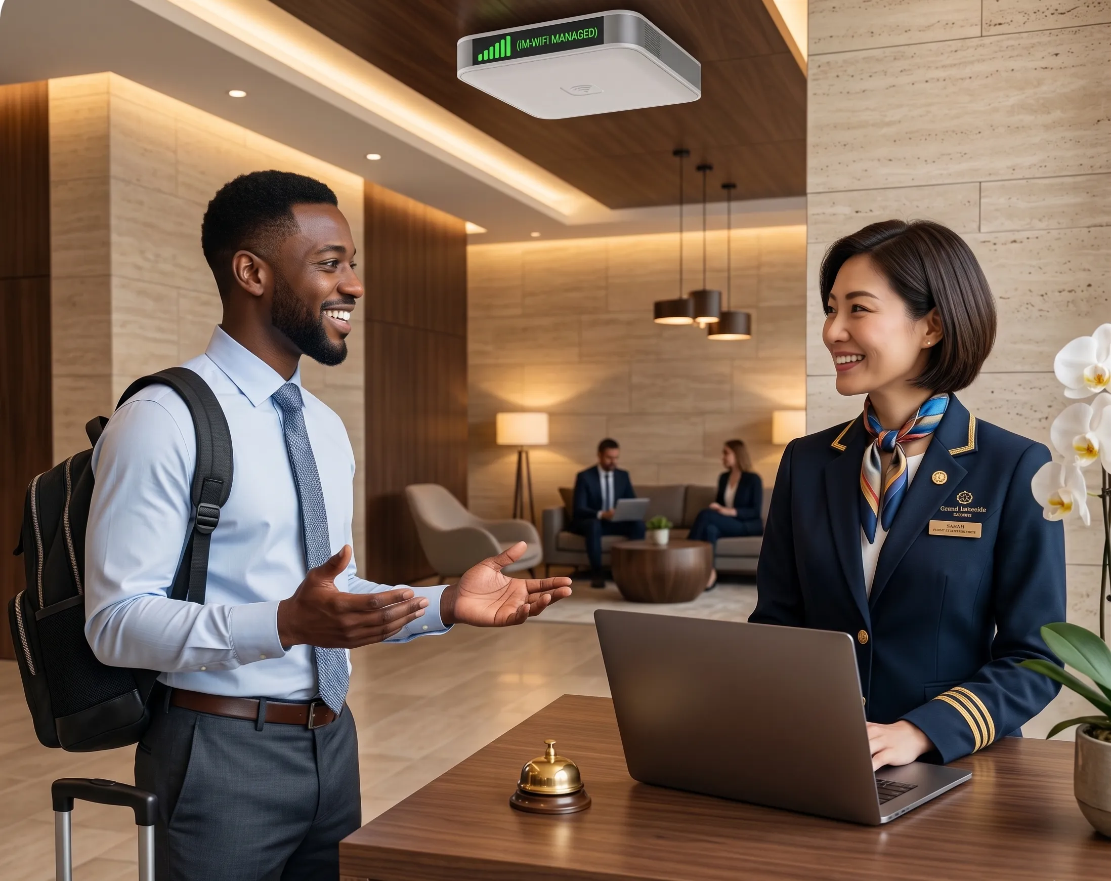 Happy guest using WiFi
